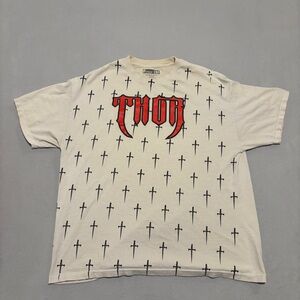 Thor Racing T Shirt Size 2XL Cream‎ Short Sleeves Y2K Grunge Christ Cross Print